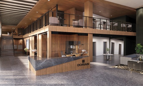 lobby area with stairs and multi-level seating